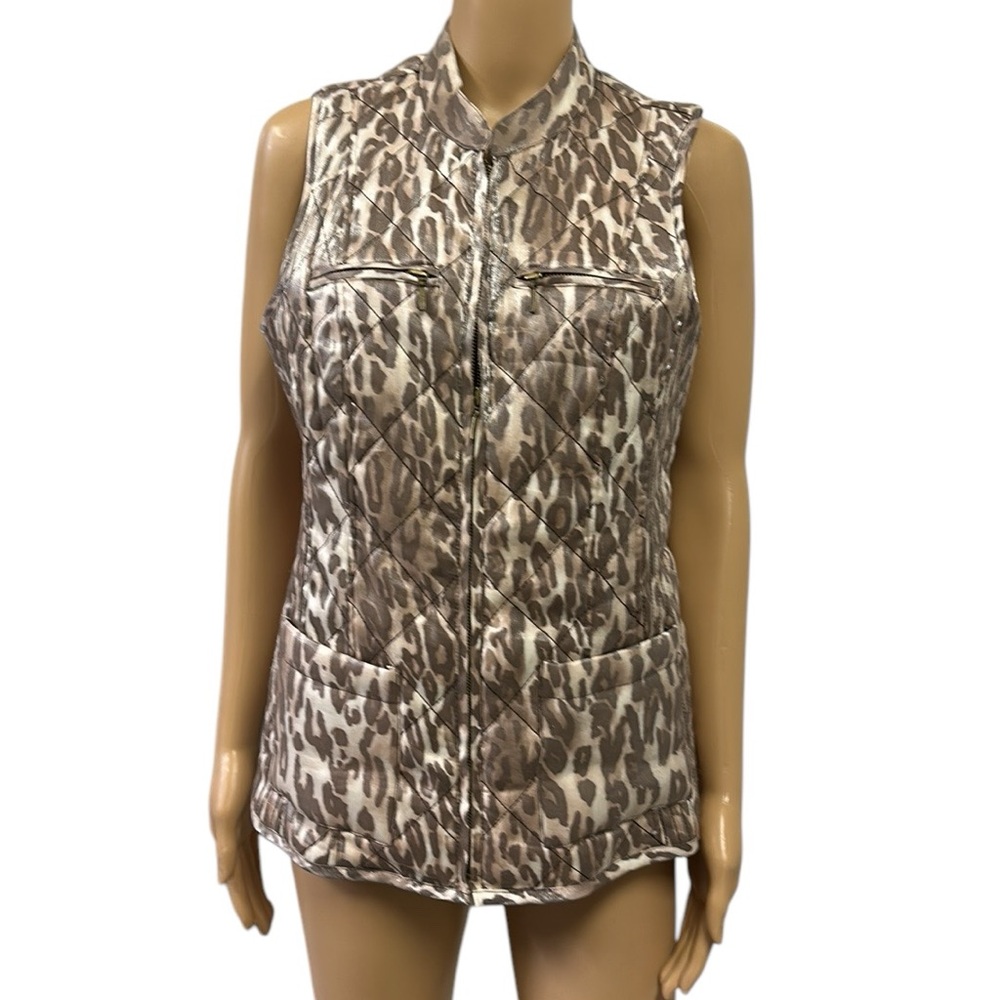 Chicos 0 Shiny Muted Leopard Print Zip Up Quilted Vest Womens Small or Size 4